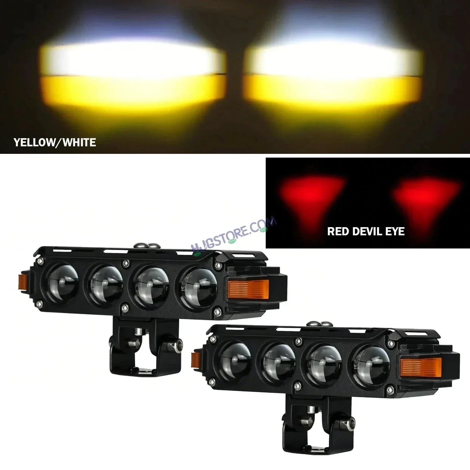 HJG Hazard Series Foglight Quad 4 Lens 160W New Model with Red Orange Hazard DRL Foglight Ultra Wide Dual Intensity LED Fog Lights White/Yellow (2*80W= 160W Total) Universal For All Cars & Bikes LIU HJG Hazard S62 4 Lens Projector Fog with Red Amber DRL - Biker.Store - www.biker.store