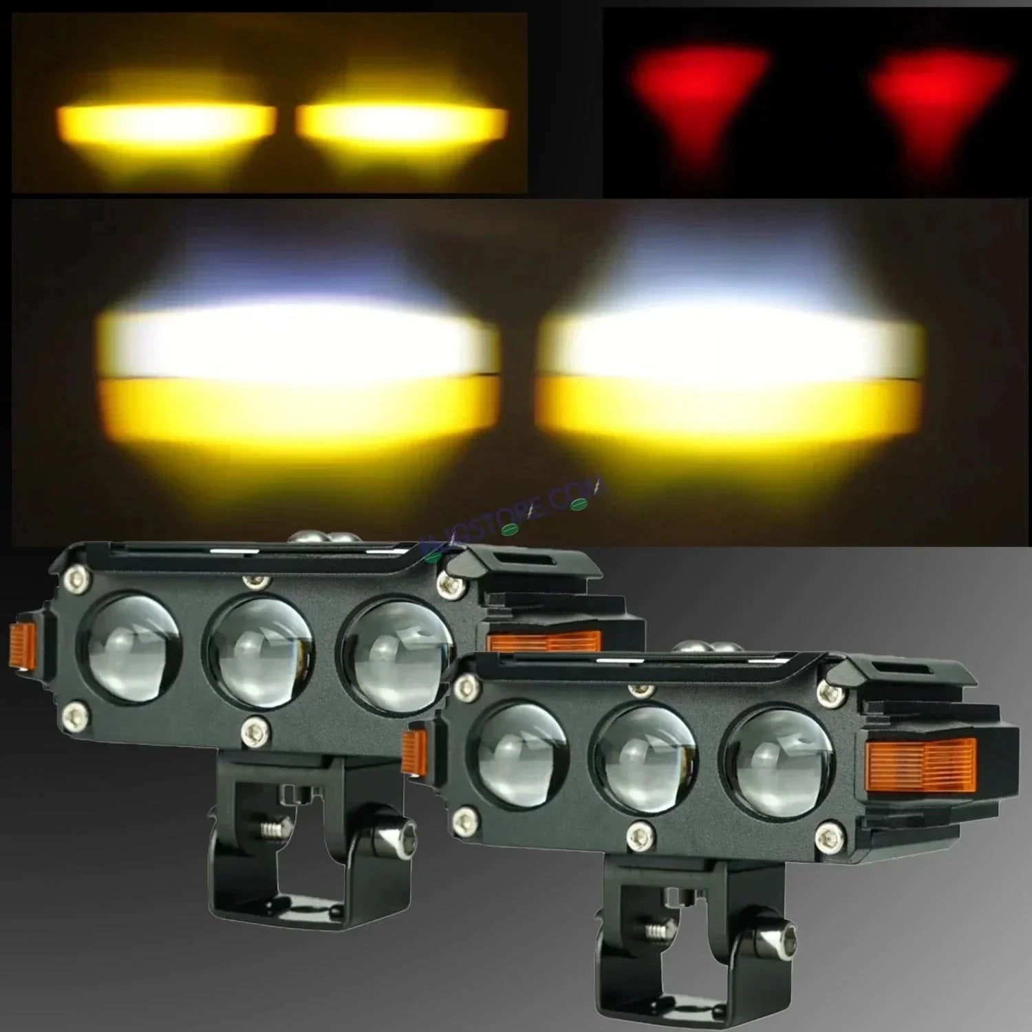 HJG Hazard 3 Lens Foglight with Wiring Kit Combo Triple 3 Lens 120W with Hazard DRL Foglight Ultra Wide Dual Intensity LED Fog Lights White/Yellow (2*60W = 120W Total) Universal For All Cars & Bikes LIU HJG Hazard S61 3 Lens Projector Fog with Wiring Kit - Biker.Store - www.biker.store