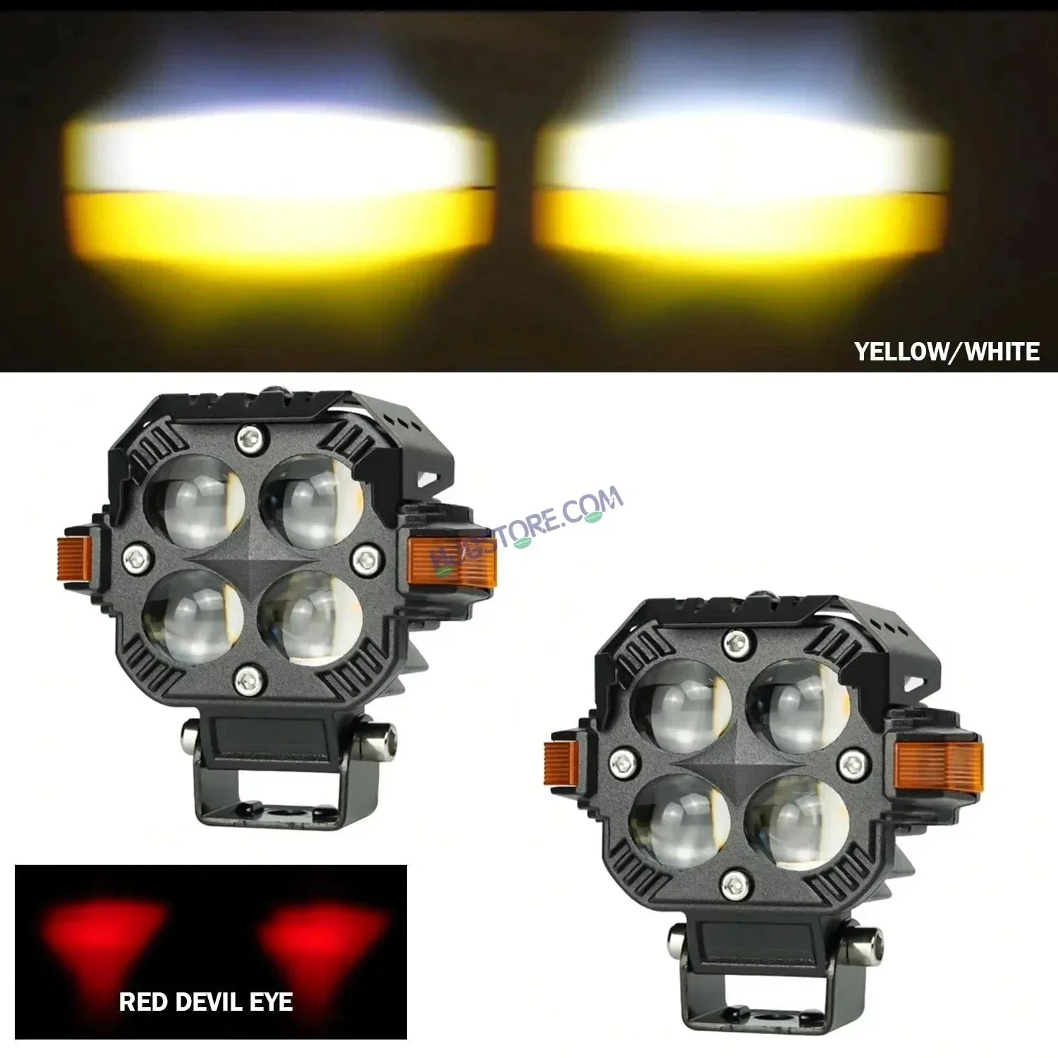 HJG Hazard Series Foglight Quad 4x4 Lens 120W New Model with Red Orange Hazard DRL Foglight Ultra Wide Dual Intensity LED Fog Lights White/Yellow (2*60W= 120W Total) Universal For All Cars & Bikes LIU HJG Hazard S65 4x4 Lens Projector Fog Red Amber DRL - Biker.Store - www.biker.store