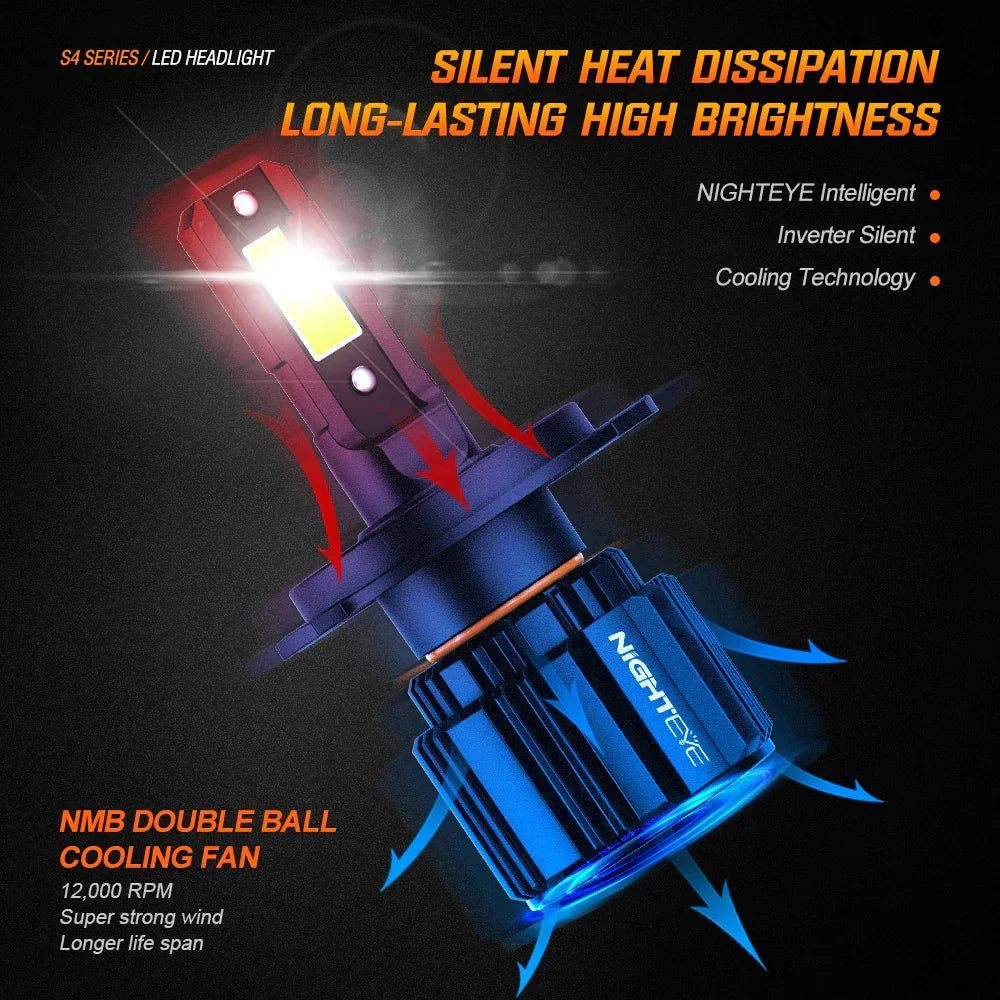 Original Nighteye A315 S4 NEW MODEL 2024 H4 LED Headlight Bulb H4 (Set of 2) For All Motorcycles (Low and High Beam Bulbs (White) 13000 LM 3 Side Chip) - Type H4 - Biker.Store - www.biker.store