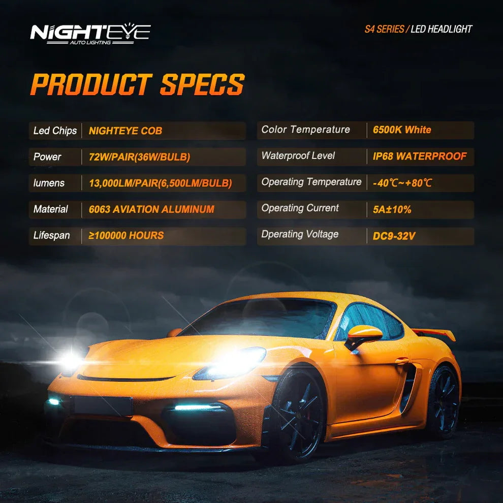 NightEye S4 LED Light Set of 2 - H4 Socket - H4 LED Headlight Bulb for Car and Bike White, 72W, 2 Bulbs - 13000 Lumens ULTRA BRIGHT, Type H4 - Biker.Store - www.biker.store