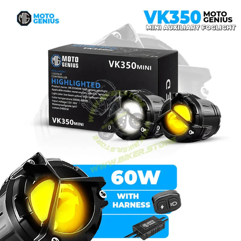 MOTO GENIUS VK350 Mini Dual Color LED Fog Light Kit with Y-Type Harness | Korean Chip 2-in-1 Spot & Flood Beam | Yellow & White Auxiliary Lights for Bike & Car (Pack of 2) - Biker.Store - www.biker.store