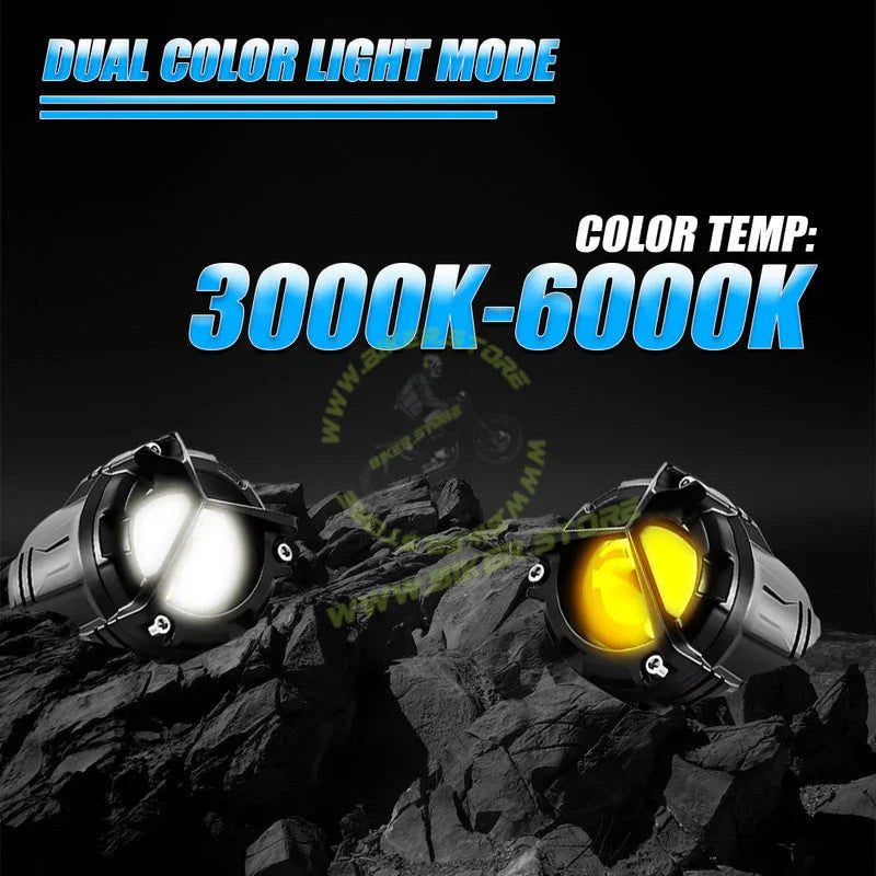 MOTO GENIUS VK350 Mini Dual Color LED Fog Light Kit with Y-Type Harness | Korean Chip 2-in-1 Spot & Flood Beam | Yellow & White Auxiliary Lights for Bike & Car (Pack of 2) - Biker.Store - www.biker.store