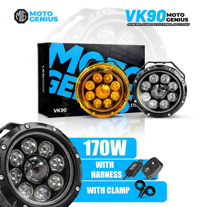 MOTO GENIUS VK90 170W LED Fog Lights with Harness and Yellow Cap | High Power Auxiliary Fog Lamp for Cars, Bikes & Trucks - Biker.Store - www.biker.store