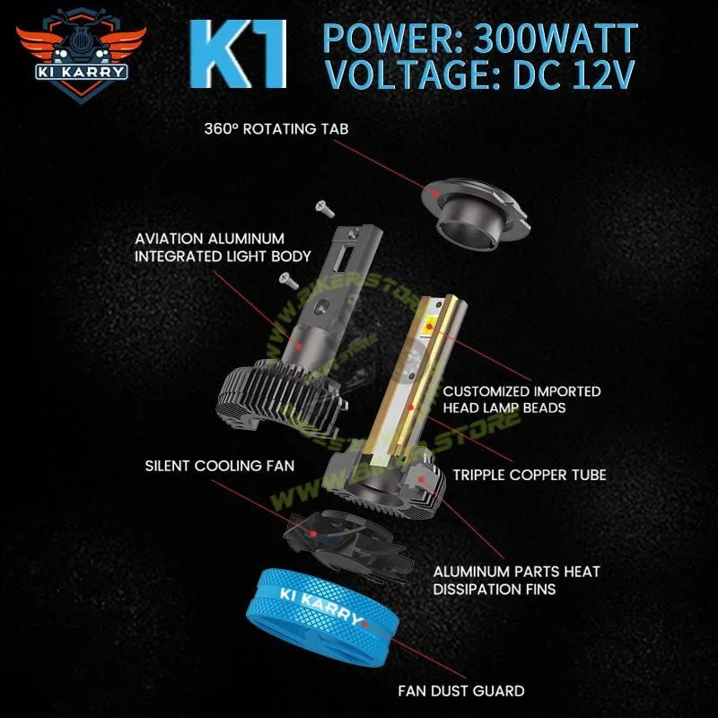 Ki Karry 300 WATTS LED Car Headlight Bulb, White Light, (Pack of 2 with 12 months Warranty) (H8/H9/H11/H16 Fitting) - Biker.Store - www.biker.store