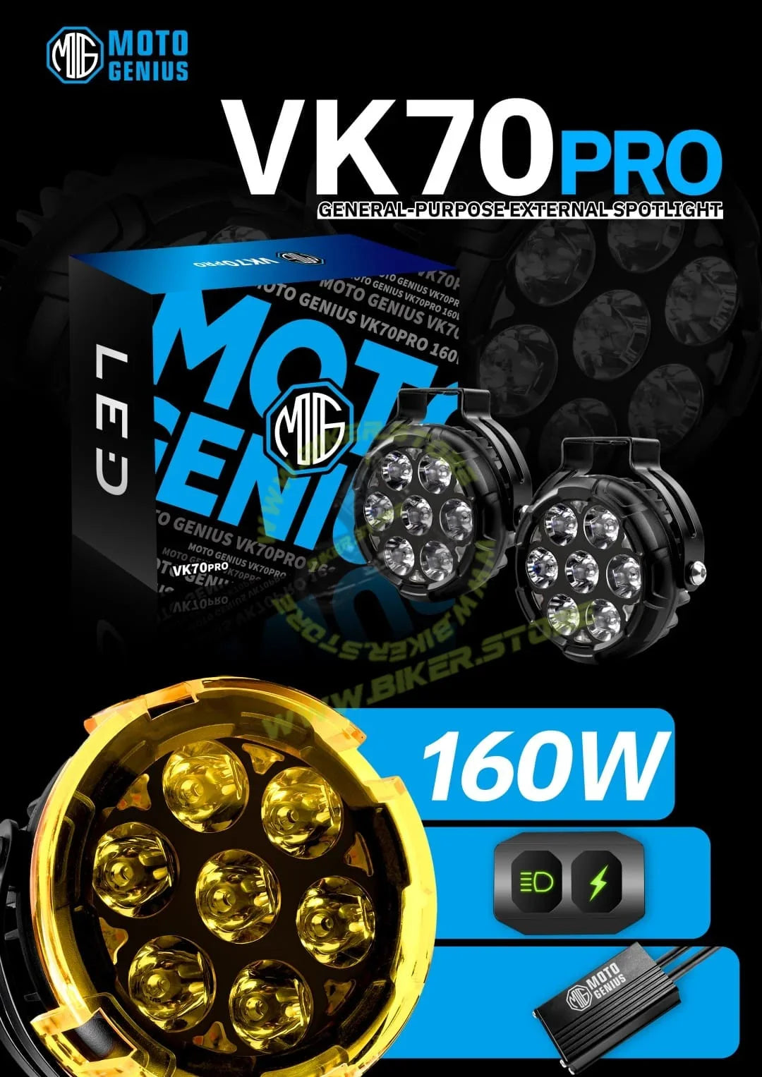 Moto Genius VK 70 Pro 90W piece, LED Auxiliary Fog Lights with DRL | Wiring Harness & Mounts Included | Yellow Covers | Ultra Bright Touring Lights (Pack of 2) - Biker.Store - www.biker.store