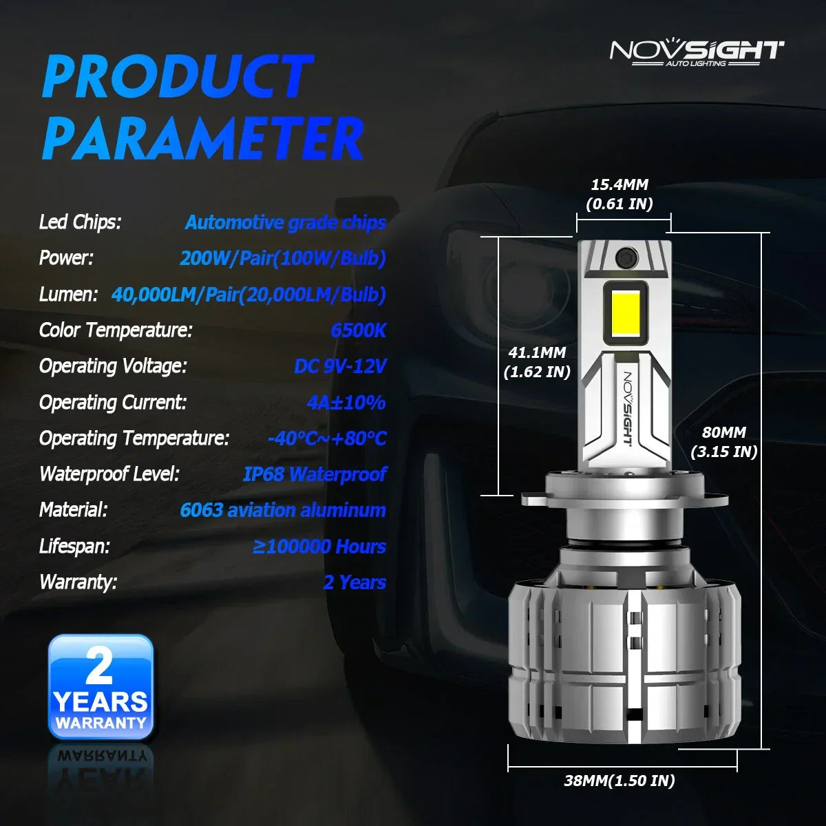 NightEye NOVSIGHT A500-N60 H4 Hi/Lo 2PCS 40000LM/Pair Car Headlight LED Bulbs High/Low Beam Kit 6500K Headlamp IP68 Waterproof White Light - Type H4 - Biker.Store - www.biker.store