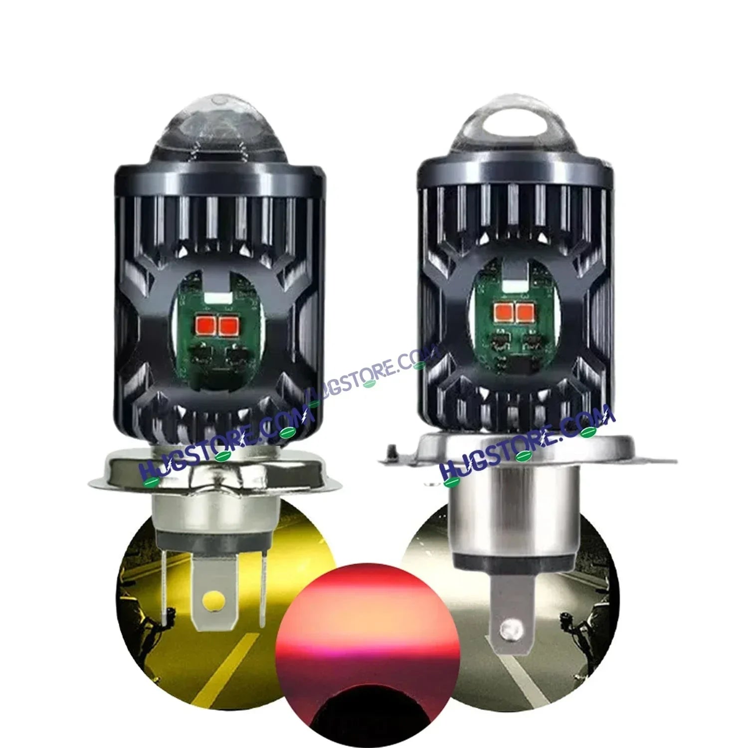 HJG H4 Lens Red Devil Lens New Model Red White Yellow LED Headlight Bulb H4 For All Motorcycles (Low and High Beam Bulbs (White/Yellow/Red) Red DRL White Yellow 50W Lens) - Type H4 - Biker.Store - www.biker.store
