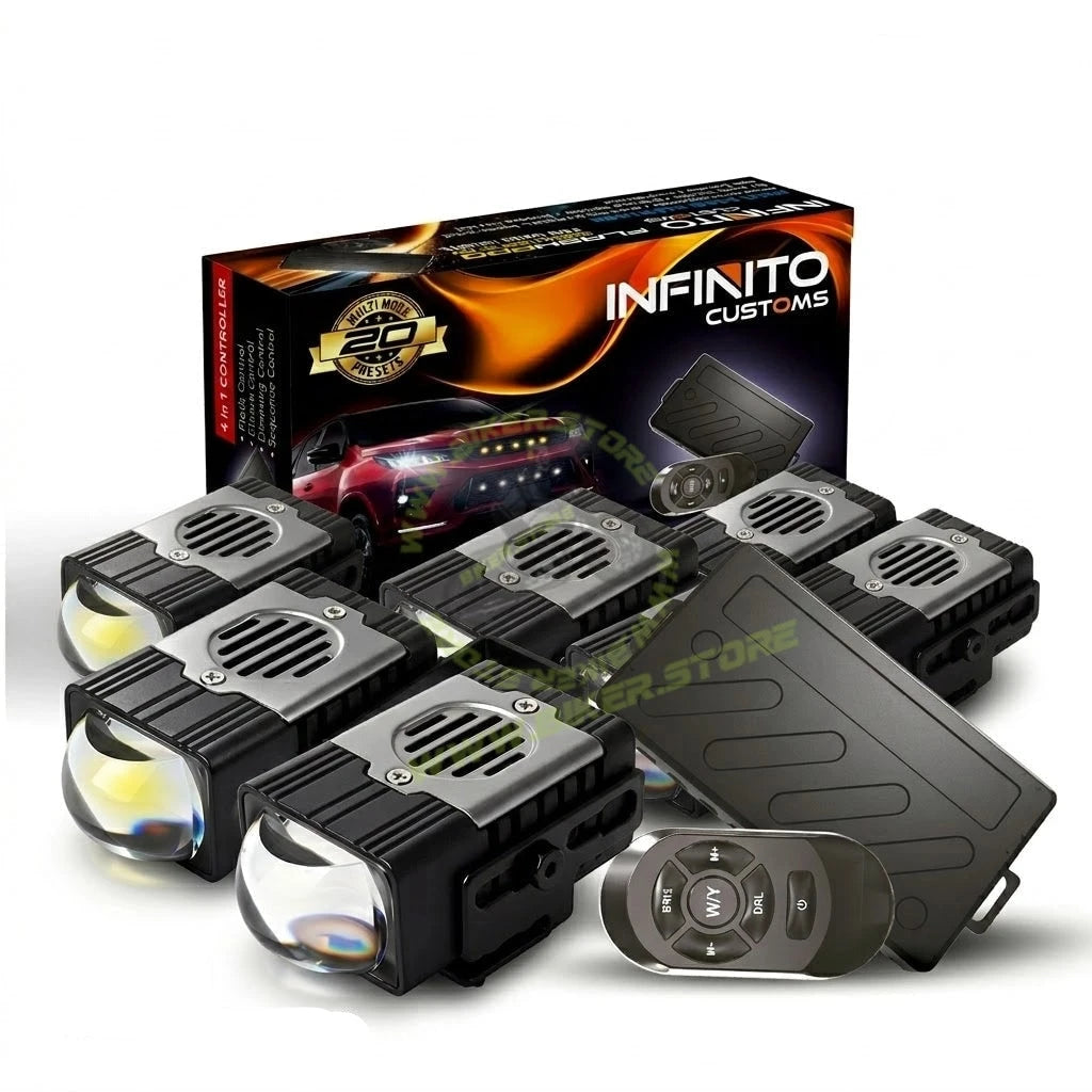 Genome Flash Pro Combo 200W 8-Piece LED Car Grille Lights Kit | 1-Inch Stealth Pods | Dual Color 3000K Yellow Low & 6000K White High Beam | Includes Wireless Remote & Wiring Harness - Biker.Store - www.biker.store