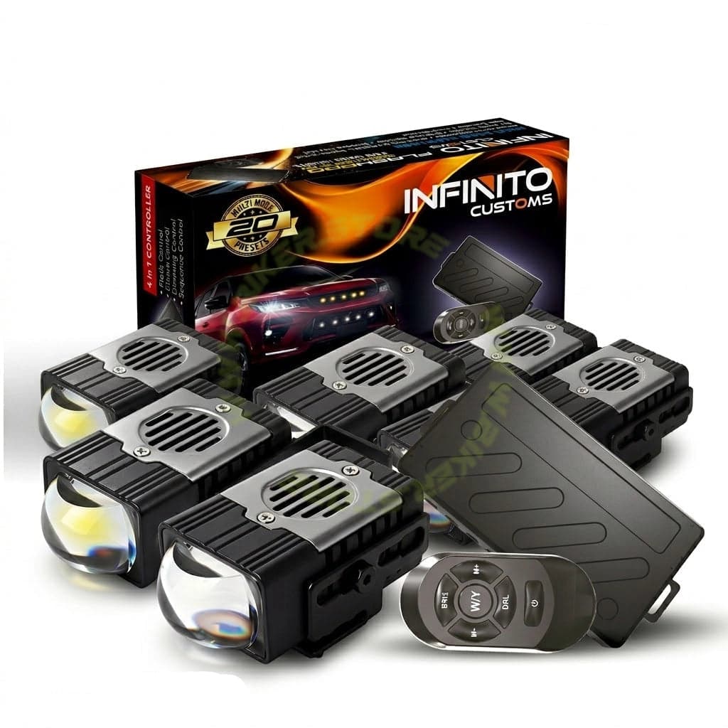 Genome Flash Pro Combo 200W 8-Piece LED Car Grille Lights Kit | 1-Inch Stealth Pods | Dual Color 3000K Yellow Low & 6000K White High Beam | Includes Wireless Remote & Wiring Harness - Biker.Store - www.biker.store