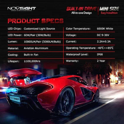 Nighteye 100W H8/H9/H11/H16 LED Headlight Bulbs 2 pc - Novsight H8/H9/H11/H16 NOVSIGHT N11 SERIES H8/H9/H11/H16 LED Headlight Bulbs - Biker.Store - www.biker.store