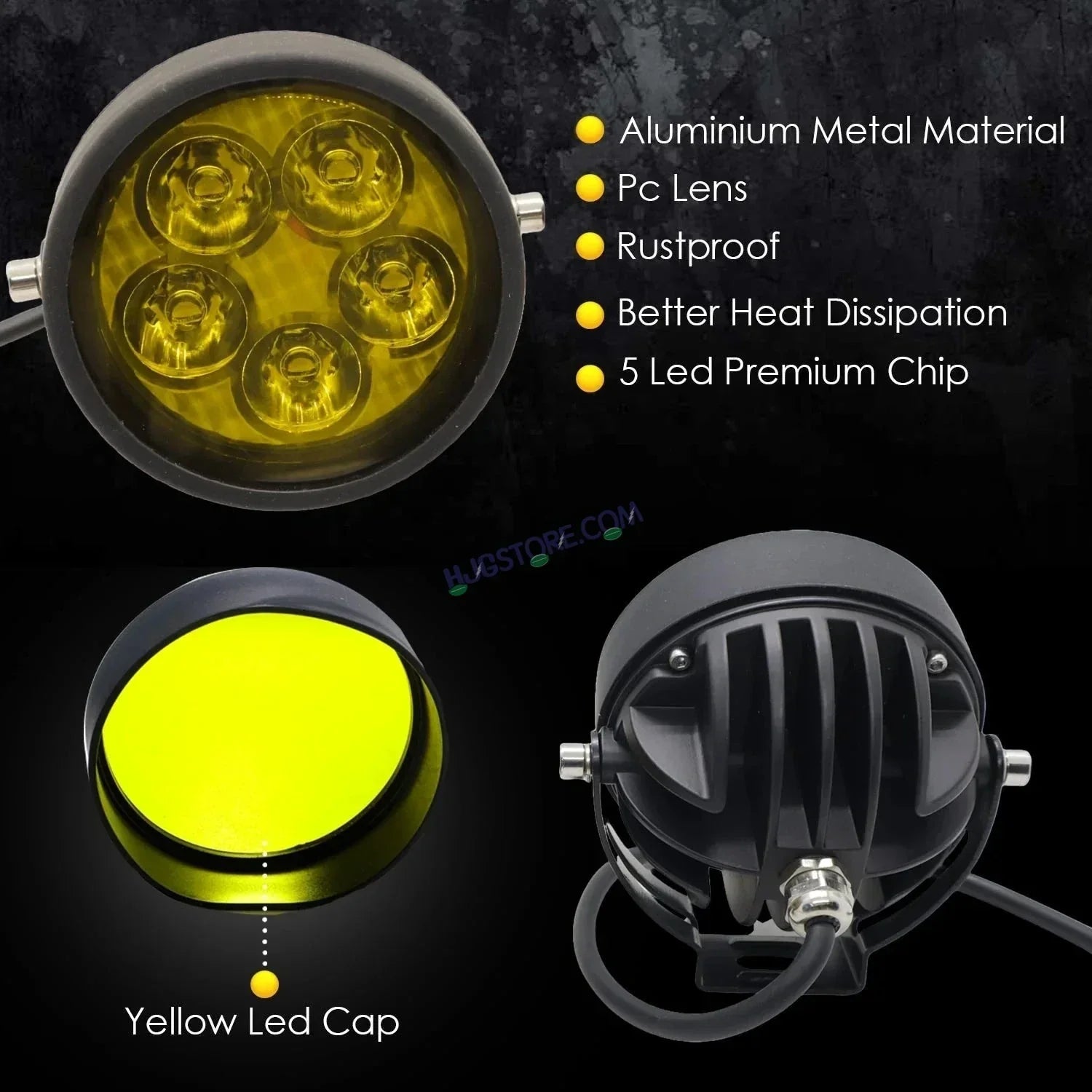 HJG 5 LED 100W Round CREE Foglight Foglamp with Yellow Cover 100W 5 LED HJG 100W 5 LED Car Accessories Led Headlights Lights Led Fog Lights For Motorcycle Car SUV Lights, Set of 2 with Wiring Harness Kit HJG 5 LED Round 100W - Biker.Store - www.biker.store