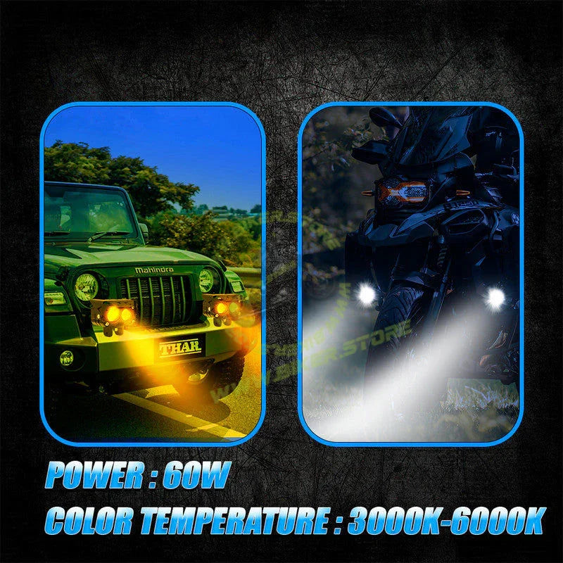 MOTO GENIUS VK130 ( WITHOUT HARNESS ) Motorcycle Fog Light Dual Spot 60W | 2 LED Yellow/White Light | Aluminium Alloy Body | IP67 Waterproof | Easy Mount for Bikes & Scooters (Pack of 2) - Biker.Store - www.biker.store