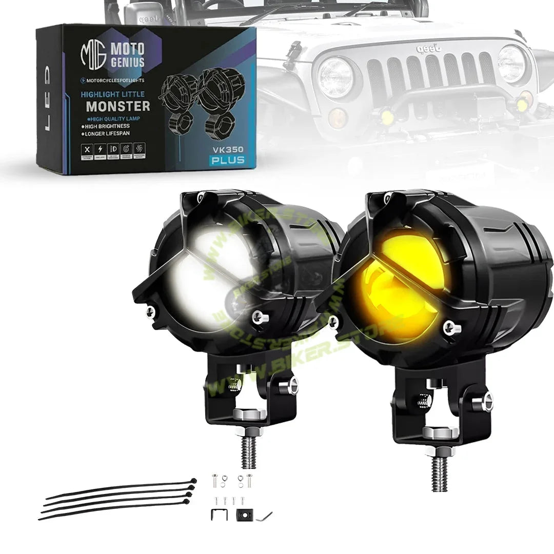 MOTO GENIUS VK350 WITHOUT HARNESS Y-Type Korean Chip LED Fog Light 2-in-1 Spot & Flood Auxiliary Light | Yellow & White Dual Color | Wider Area Coverage | For Bike & Car (Pack of 2) - Biker.Store - www.biker.store