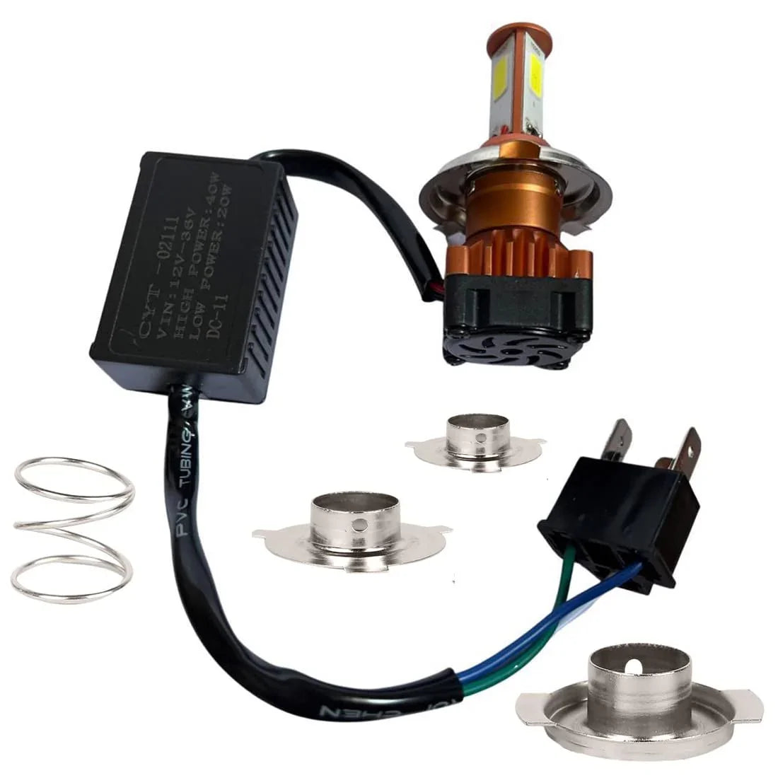 CYT ORIGINAL LED DC Power Headlight Bulb Universal For All Bikes, Motorcycle, Scooty (DC8V-48V, 40W) 3 Side H4 White LED Headlight with Cooling Fan Head lamp Conversion Kit - Type H4 - Biker.Store - www.biker.store