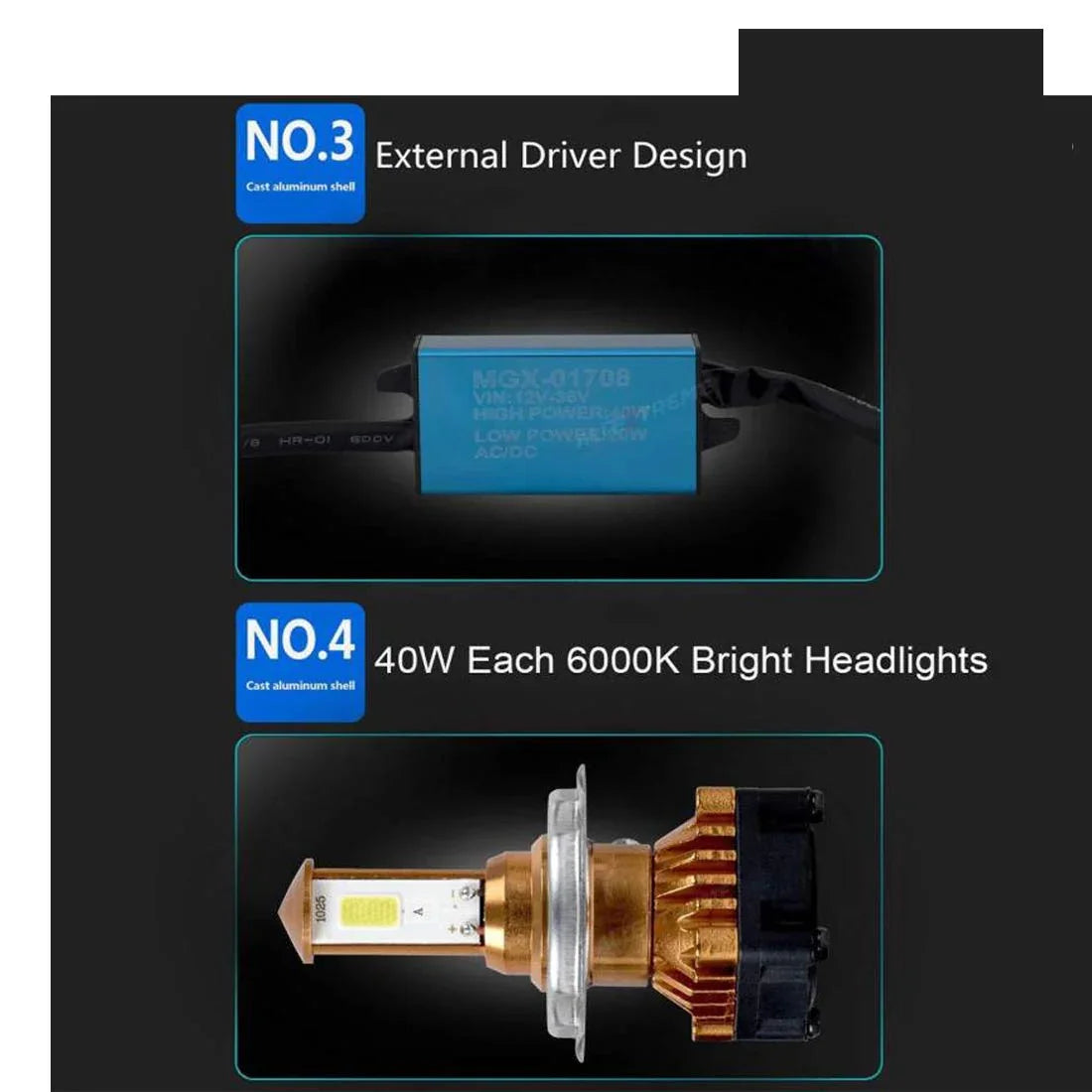 CYT ORIGINAL LED DC Power Headlight Bulb Universal For All Bikes, Motorcycle, Scooty (DC8V-48V, 40W) 3 Side H4 White LED Headlight with Cooling Fan Head lamp Conversion Kit - Type H4 - Biker.Store - www.biker.store