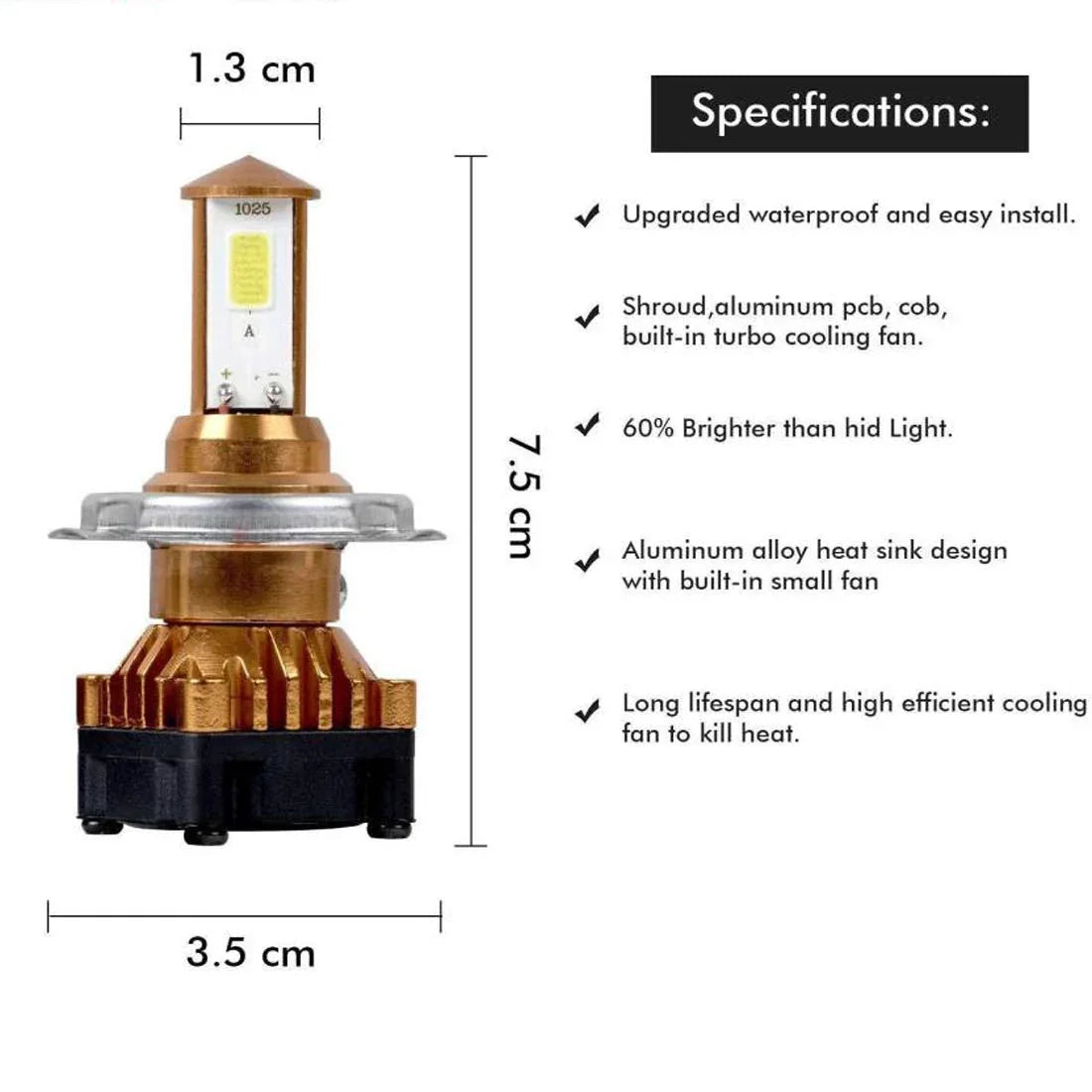 CYT ORIGINAL LED DC Power Headlight Bulb Universal For All Bikes, Motorcycle, Scooty (DC8V-48V, 40W) 3 Side H4 White LED Headlight with Cooling Fan Head lamp Conversion Kit - Type H4 - Biker.Store - www.biker.store
