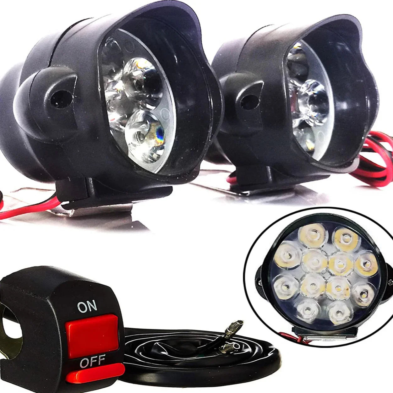 SSLG 12 LED Foglight Original Bike Fog Light Universal Fog Lamp Assembly - Set of 2 with Switch (Black) - Biker.Store - www.biker.store