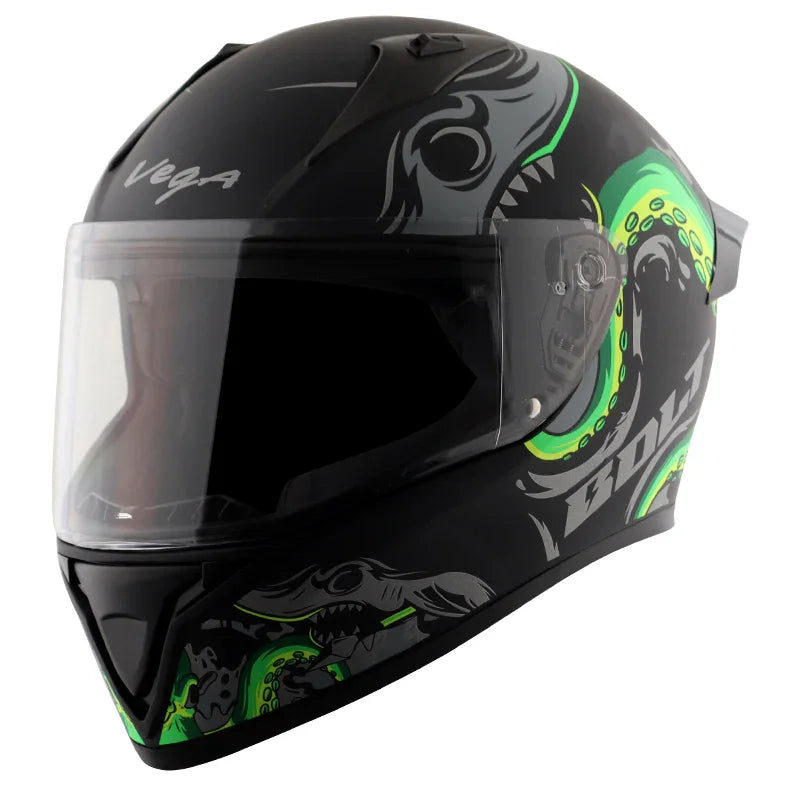 Vega Bolt Octopus Dull Black Neon Green Helmet - Biker.Store - www.biker.store