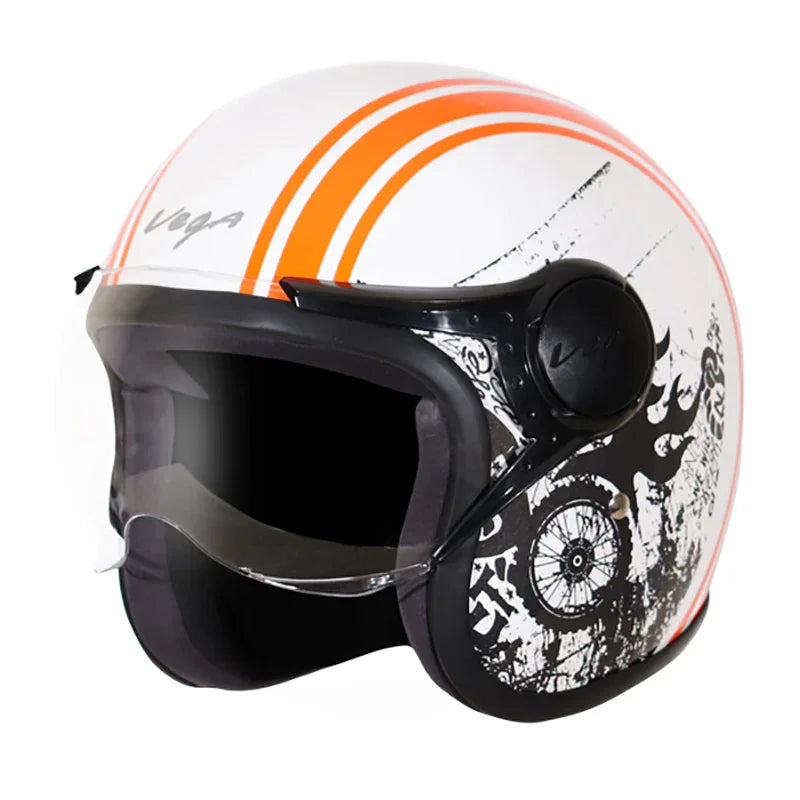 Vega Jet Old School W/Visor White Orange Helmet - Biker.Store - www.biker.store