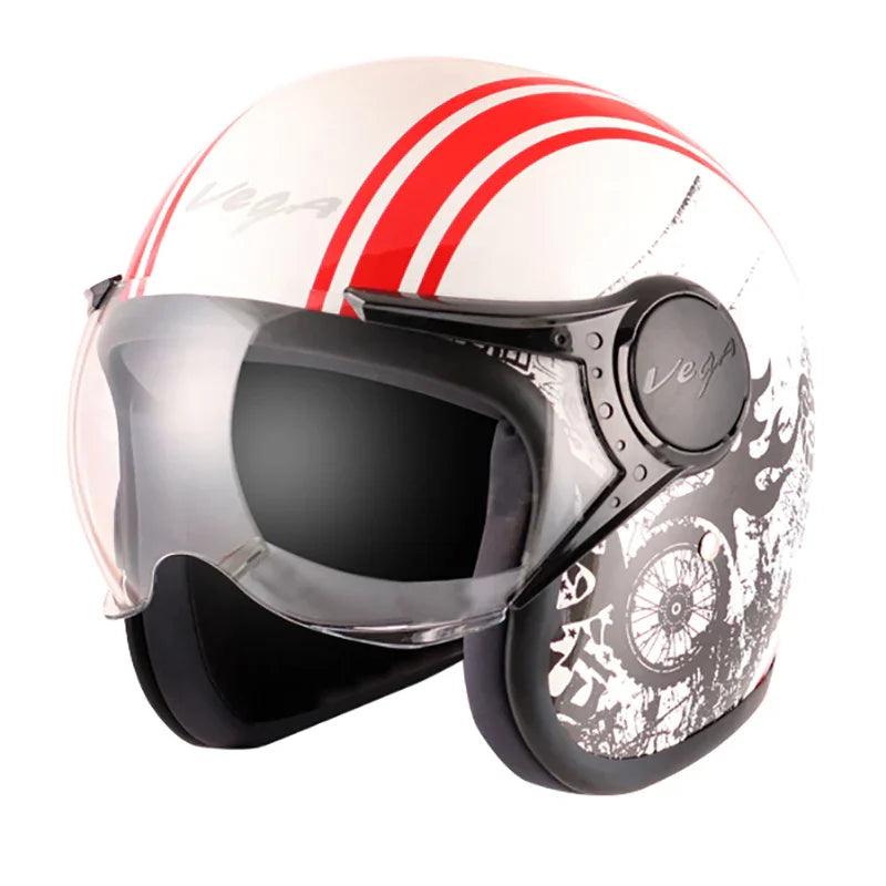 Vega Jet Old School W/Visor White Red Helmet - Biker.Store - www.biker.store