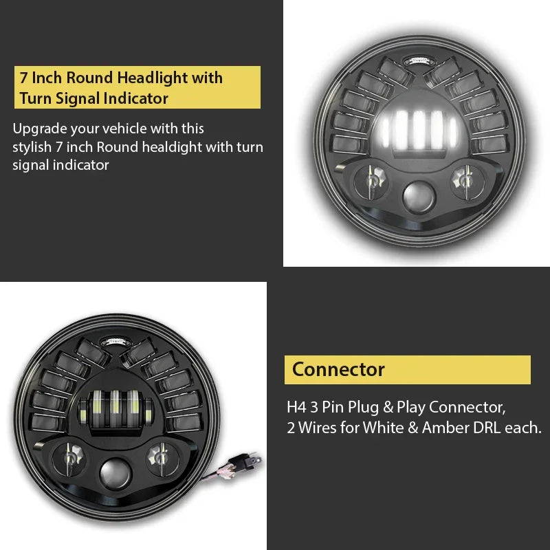 7 Inch Round Headlight with Turn Signal Indicator & Hi/Low Beam for Bullet, Mahindra Thar - Biker.Store - www.biker.store