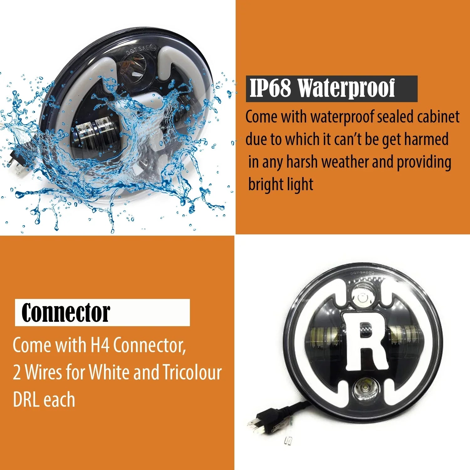 7 Inch Round Headlight Compatible with Royal Enfield, Jeep Thar & Harley Davidson (R White Harley Headlight) - Biker.Store - www.biker.store