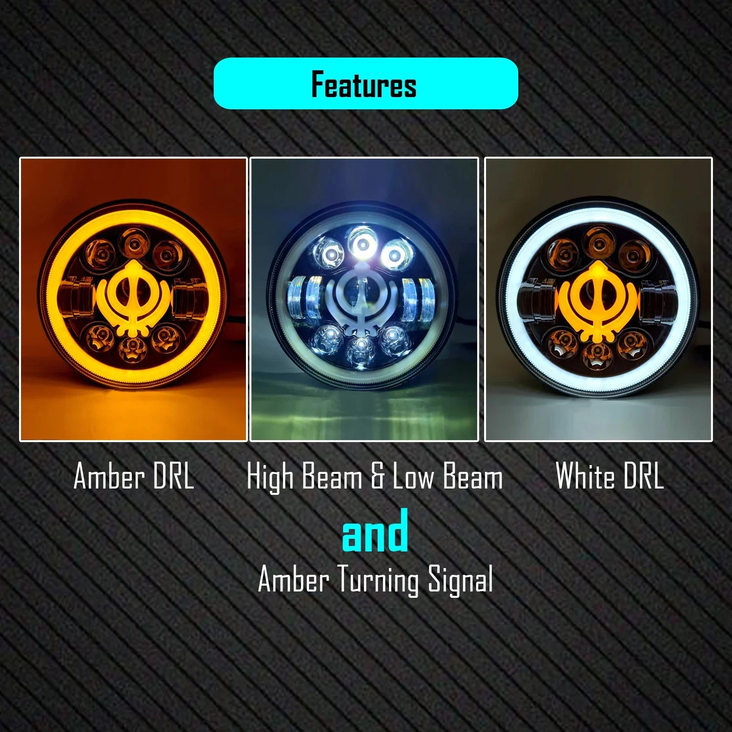 7 Inch Round Headlight Compatible with Royal Enfield, Jeep & Harley Davidson (Khanda DRL) (12V-80V 75W) - Biker.Store - www.biker.store