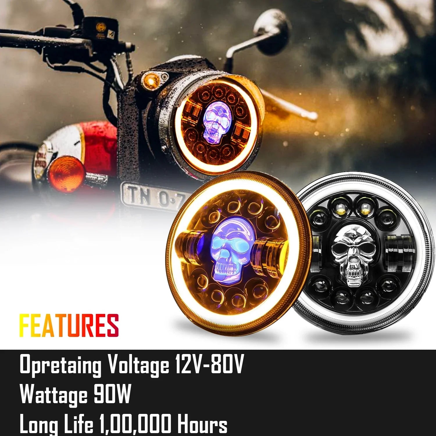 7 Inch Harley Skull Round Led Headlight Fits in Royal Enfield All Models, Mahindra Thar (12V-80V 75w) - Biker.Store - www.biker.store