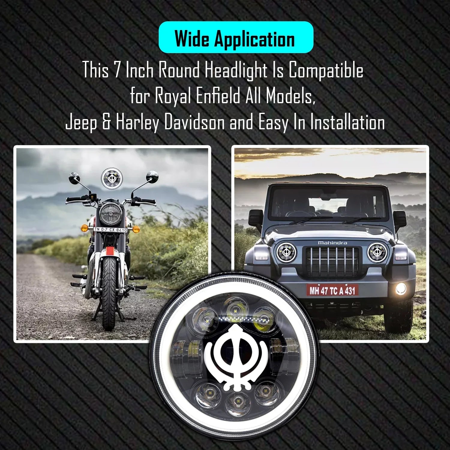 7 Inch Round Headlight Compatible with Royal Enfield, Jeep & Harley Davidson (Khanda DRL) (12V-80V 75W) - Biker.Store - www.biker.store