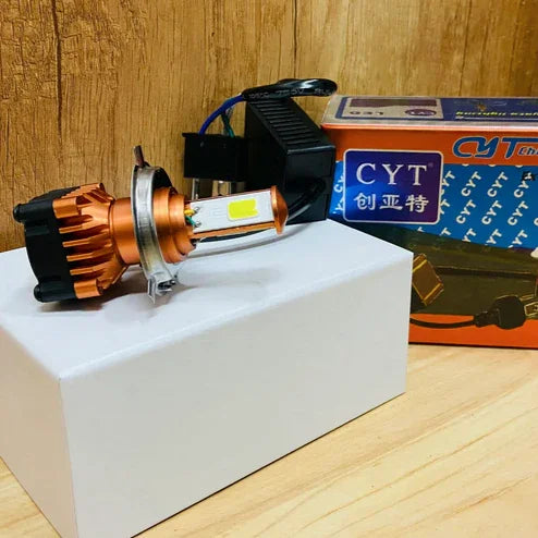 CYT ORIGINAL LED DC Power Headlight Bulb Universal For All Bikes, Motorcycle, Scooty (DC8V-48V, 40W) 3 Side H4 White LED Headlight with Cooling Fan Head lamp Conversion Kit - Type H4 - Biker.Store - www.biker.store