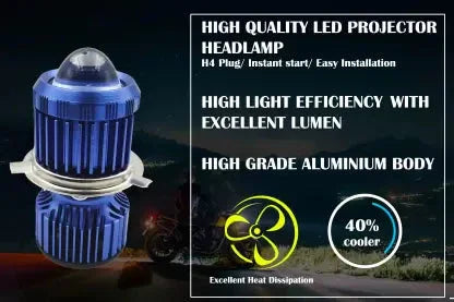 CYT ORIGINAL LED DC White/Yellow DUAL Power Headlight Bulb Universal For All Bikes, Motorcycle, Scooty (DC8V-48V, 40W) 3 Side H4 White/Yellow DUAL LED Headlight with Cooling Fan Head lamp Conversion Kit - Type H4, Blue Body - Biker.Store - www.biker.store