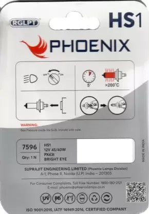 Phoenix BRIGHT EYE HS1 Px43t 7596 12V, 45/40W Headlight Bulb for 2 Wheelers (Blister Pack), Halogen, White - Biker.Store - www.biker.store