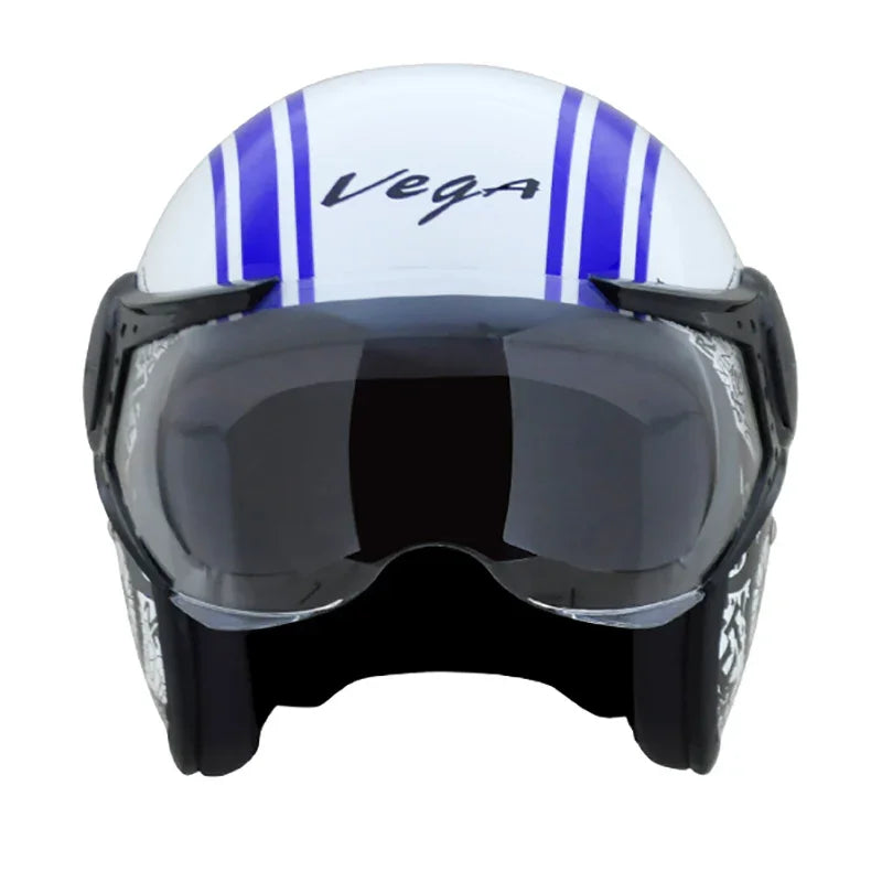 Vega Jet Old School W/Visor White Blue Helmet - Biker.Store - www.biker.store