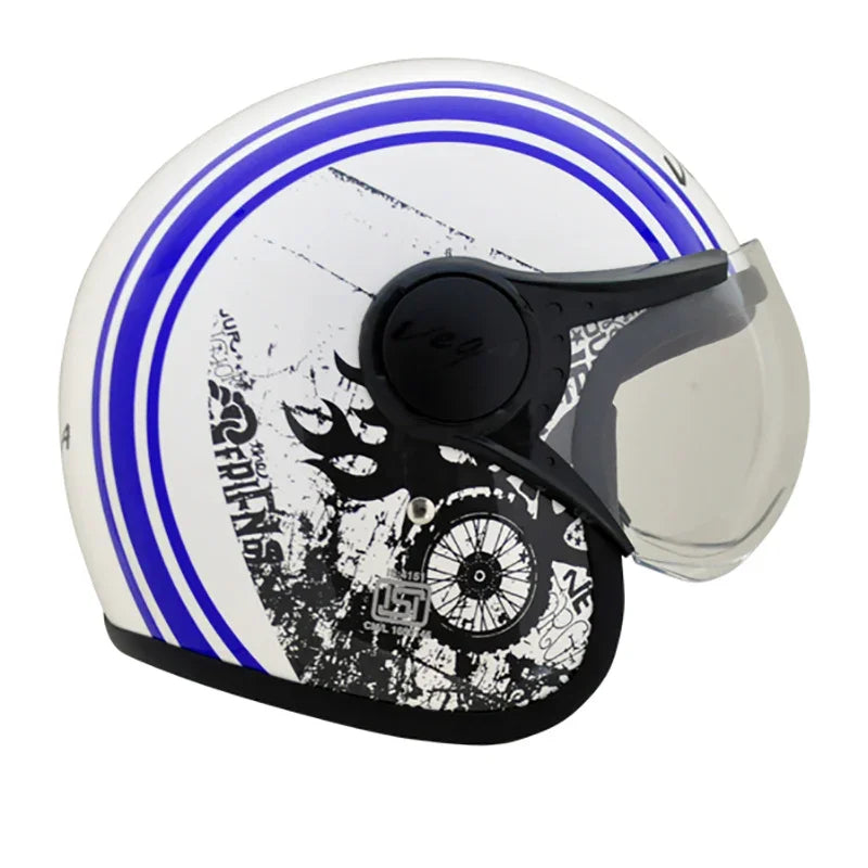 Vega Jet Old School W/Visor White Blue Helmet - Biker.Store - www.biker.store