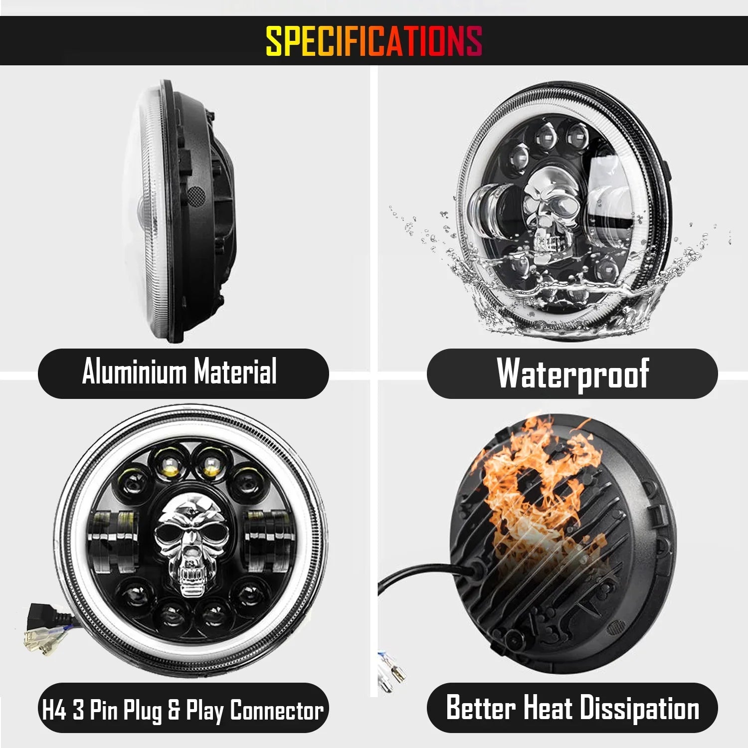 7 Inch Harley Skull Round Led Headlight Fits in Royal Enfield All Models, Mahindra Thar (12V-80V 75w) - Biker.Store - www.biker.store