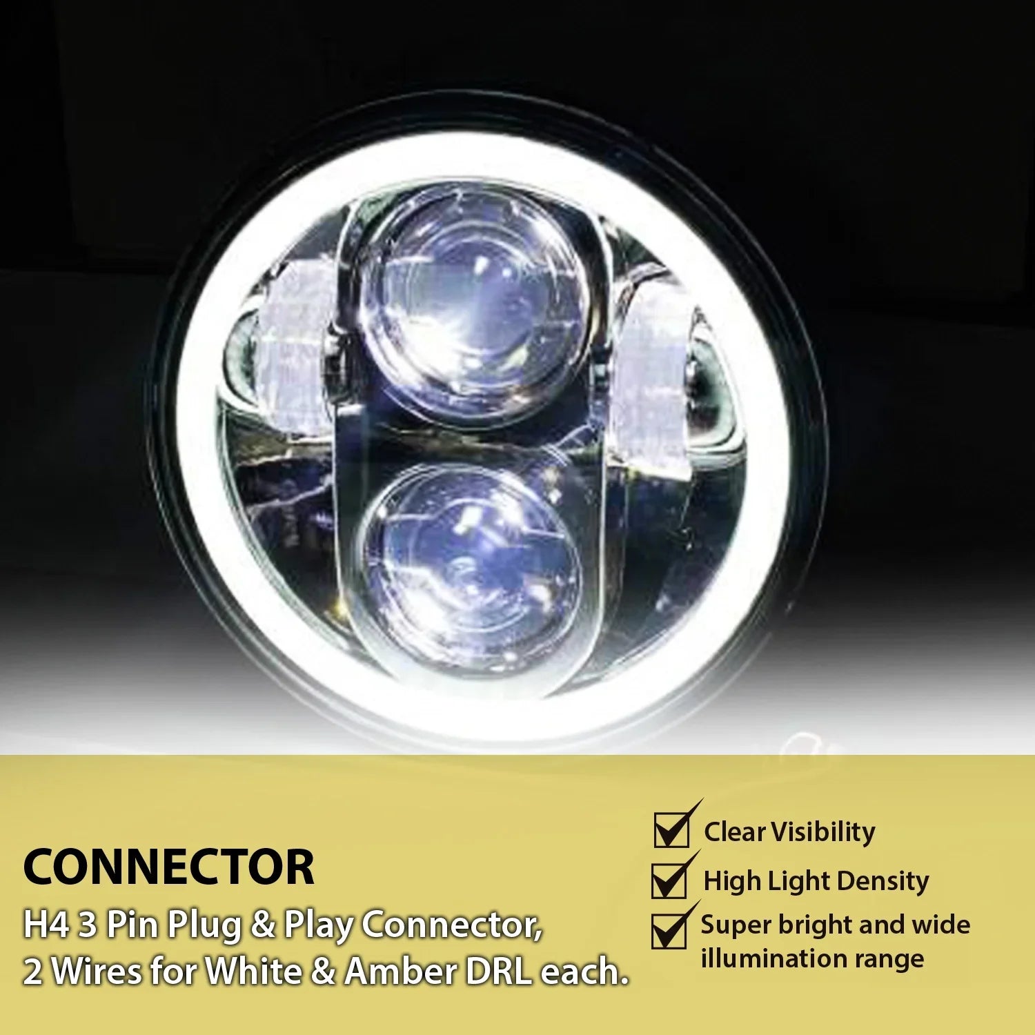 HJG 7 Inch LED Headlight with Spotless and Bright DRL Fits in Royal Enfield (All Model) And Mahindra Thar (12V-80V DC 75w) - Biker.Store - www.biker.store