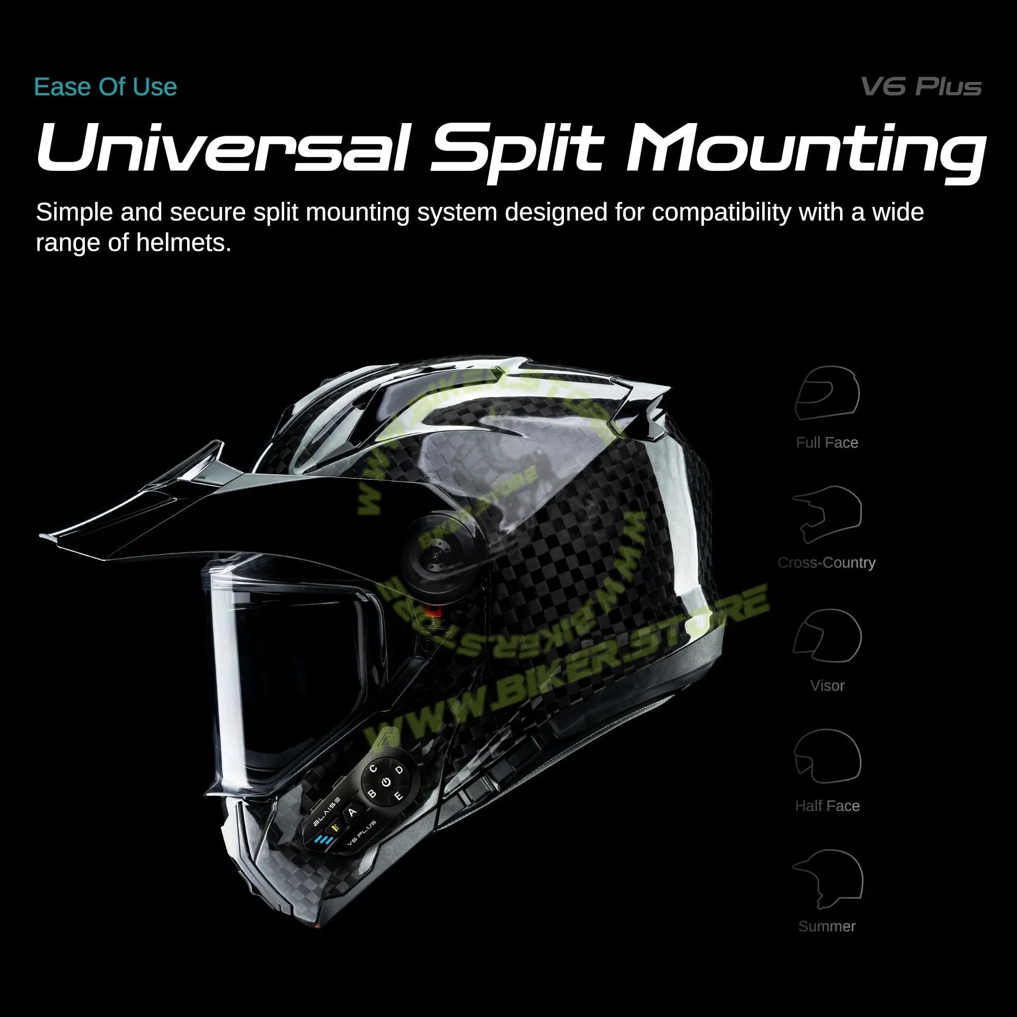 Blaise V6 Plus Motorcycle Helmet Intercom - 1200M Range - 6 Riders Multi-Pairing Bluetooth System - Biker.Store - www.biker.store