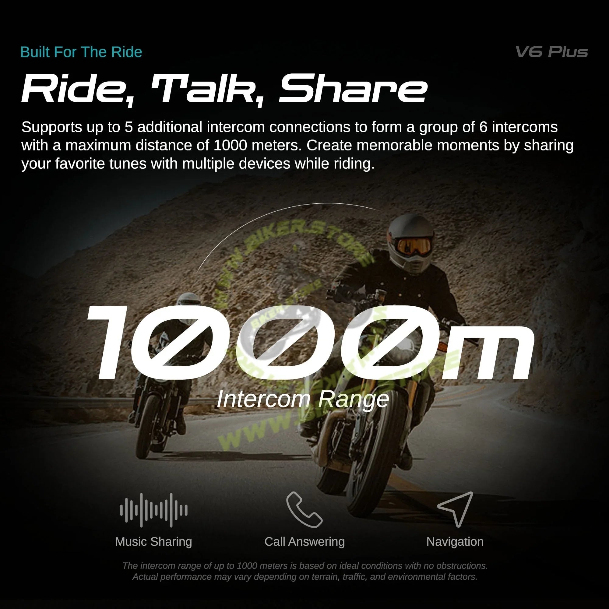 Blaise V6 Plus Motorcycle Helmet Intercom - 1200M Range - 6 Riders Multi-Pairing Bluetooth System - Biker.Store - www.biker.store
