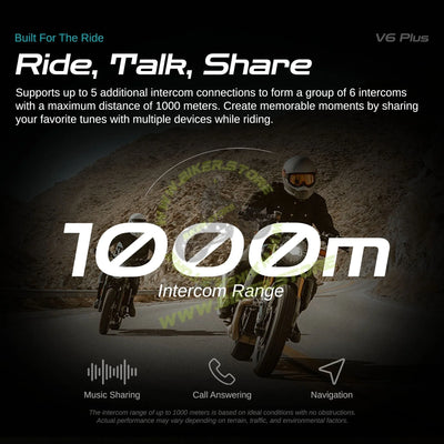 Blaise V6 Plus Motorcycle Helmet Intercom - 1200M Range - 6 Riders Multi-Pairing Bluetooth System - Biker.Store - www.biker.store