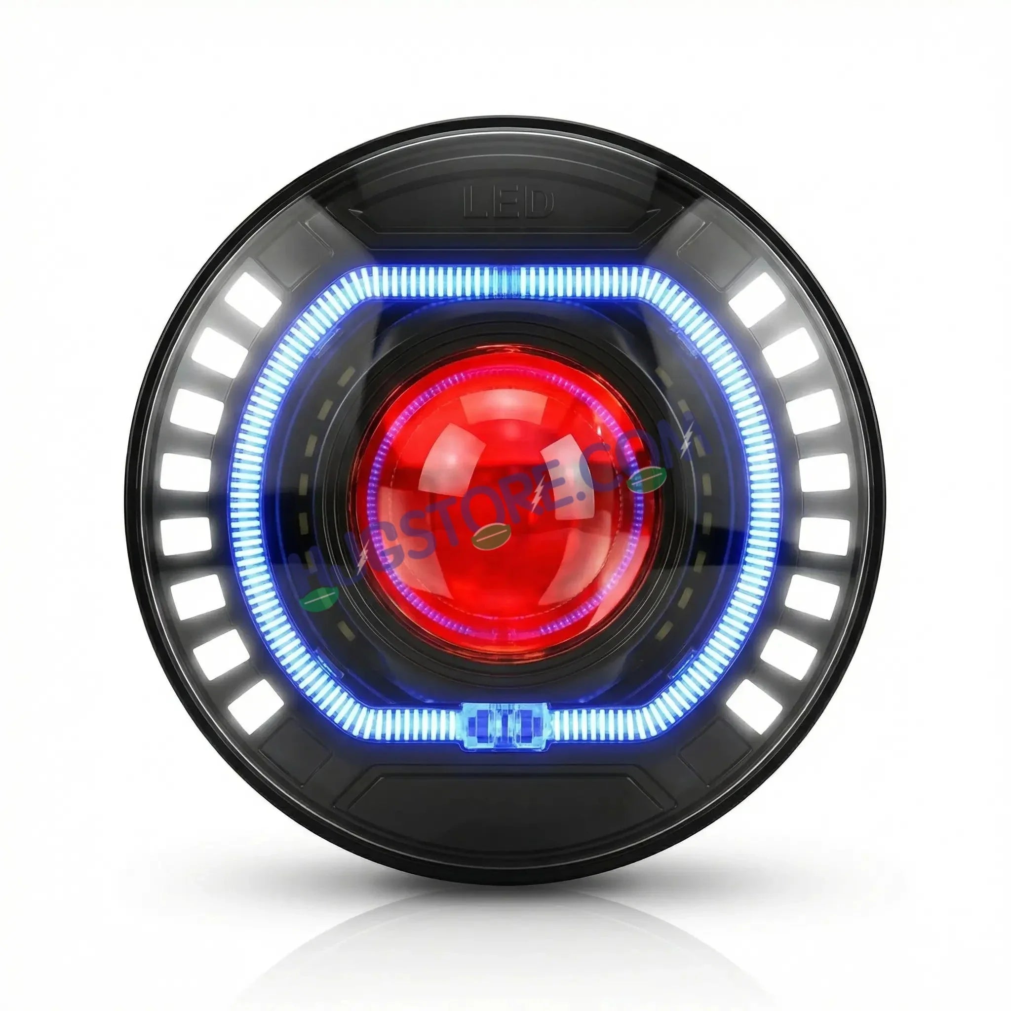 HJG C-227 Red Devil Blue Halo Ring 108W Projector Ultra Wide 7 Inch Headlight Assembly Red Blue Halo Ring C-227 White LED Headlight New Projector Headlight Assembly | 108W CREE/Osram LED Chip Multi DRL Compatible with Royal Enfield, Jeep, Thar, Gypsy - Biker.Store - www.biker.store