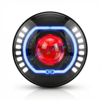 HJG C-227 Red Devil Blue Halo Ring 108W Projector Ultra Wide 7 Inch Headlight Assembly Red Blue Halo Ring C-227 White LED Headlight New Projector Headlight Assembly | 108W CREE/Osram LED Chip Multi DRL Compatible with Royal Enfield, Jeep, Thar, Gypsy - Biker.Store - www.biker.store