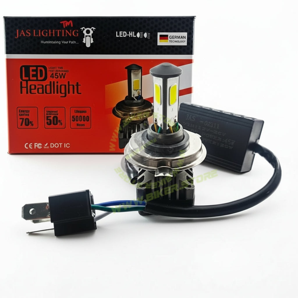 H4 JAS LED HEADLIGHT 45W WHITE FOR BIKE & CAR PACK OF 1 - Biker.Store - www.biker.store