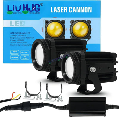 HJG Laser Cannon Foglight 500 Meters Laser Focus Projector Fog Projector Lens with 300 Meters Low Beam 500 Meters High Beam 80W Foglight Ultra Wide Dual Intensity LED Fog Lights White/Yellow Universal For All Cars & Bikes LIU HJG Laser Cannon Foglight 2pc - Biker.Store - www.biker.store