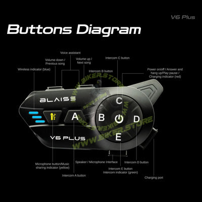 Blaise V6 Plus Motorcycle Helmet Intercom - 1200M Range - 6 Riders Multi-Pairing Bluetooth System - Biker.Store - www.biker.store