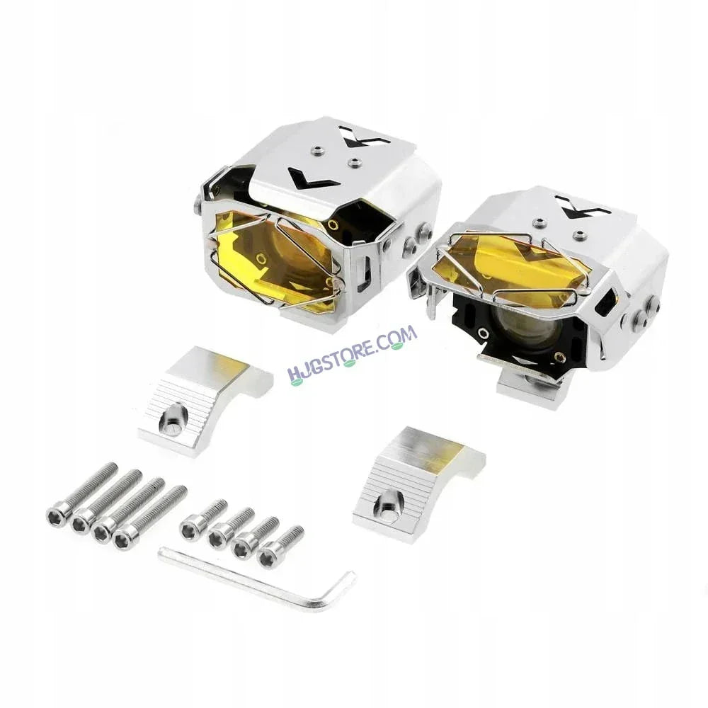 HJG Chrome Transformer Foglight 140W LED Projector with Wiring Kit Slider Yellow Cap Wide Spread White/Yellow 140W 2pc Foglight Ultra Wide Dual Intensity LED Driving Fog Lights 3000K/6500K Universal For All Cars & Bikes, Pack of 2 with Wiring Harness Kit - Biker.Store - www.biker.store