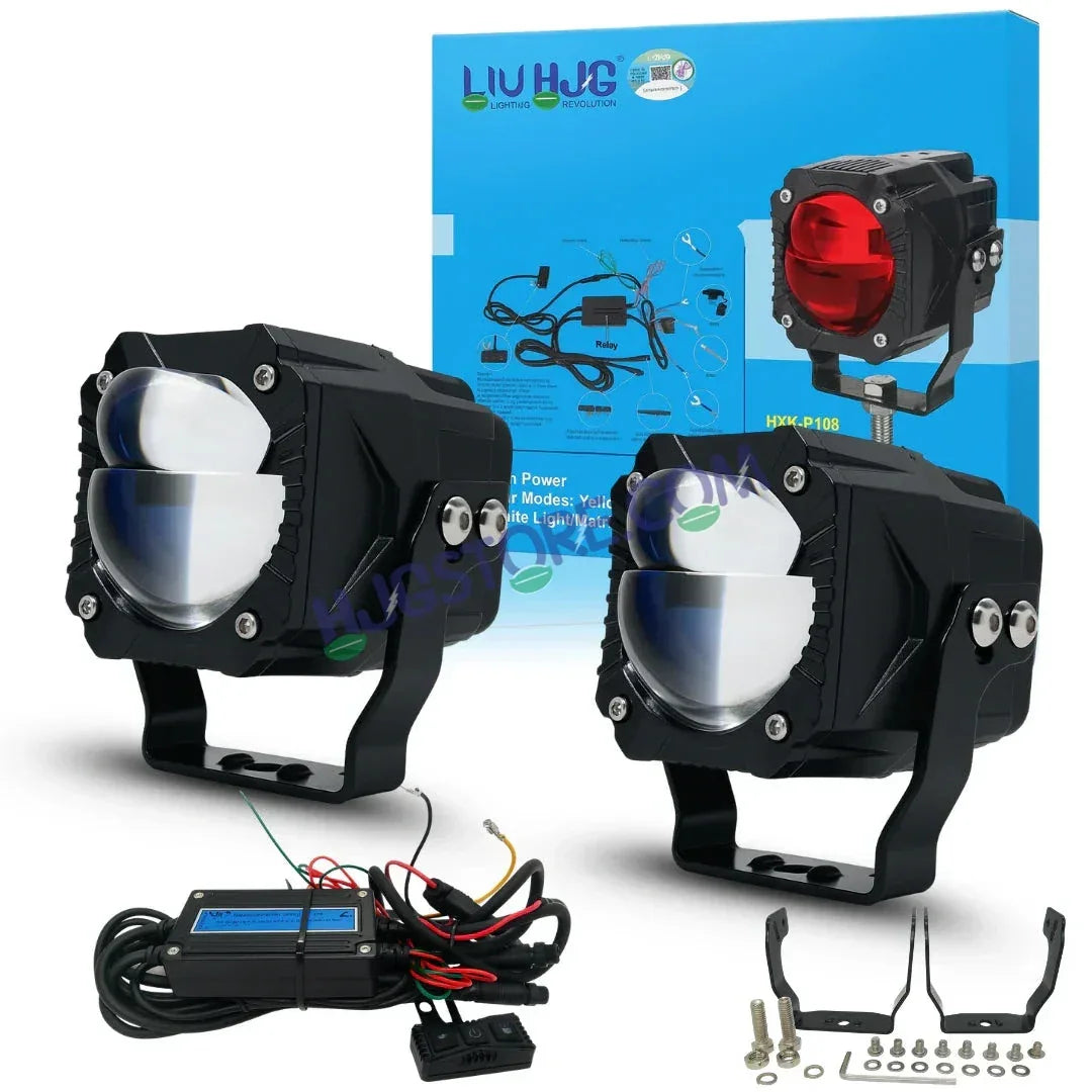 HJG Gorilla Fog with Wiring Harness Kit Combo Dual Lens 120W Gorilla Projector Foglight New Model with Wiring Foglight Ultra Wide Dual Intensity LED Driving Fog Lights White/Yellow 120W Universal For All Cars & Bikes LIU HJG Gorilla Foglight Combo Kit - Biker.Store - www.biker.store