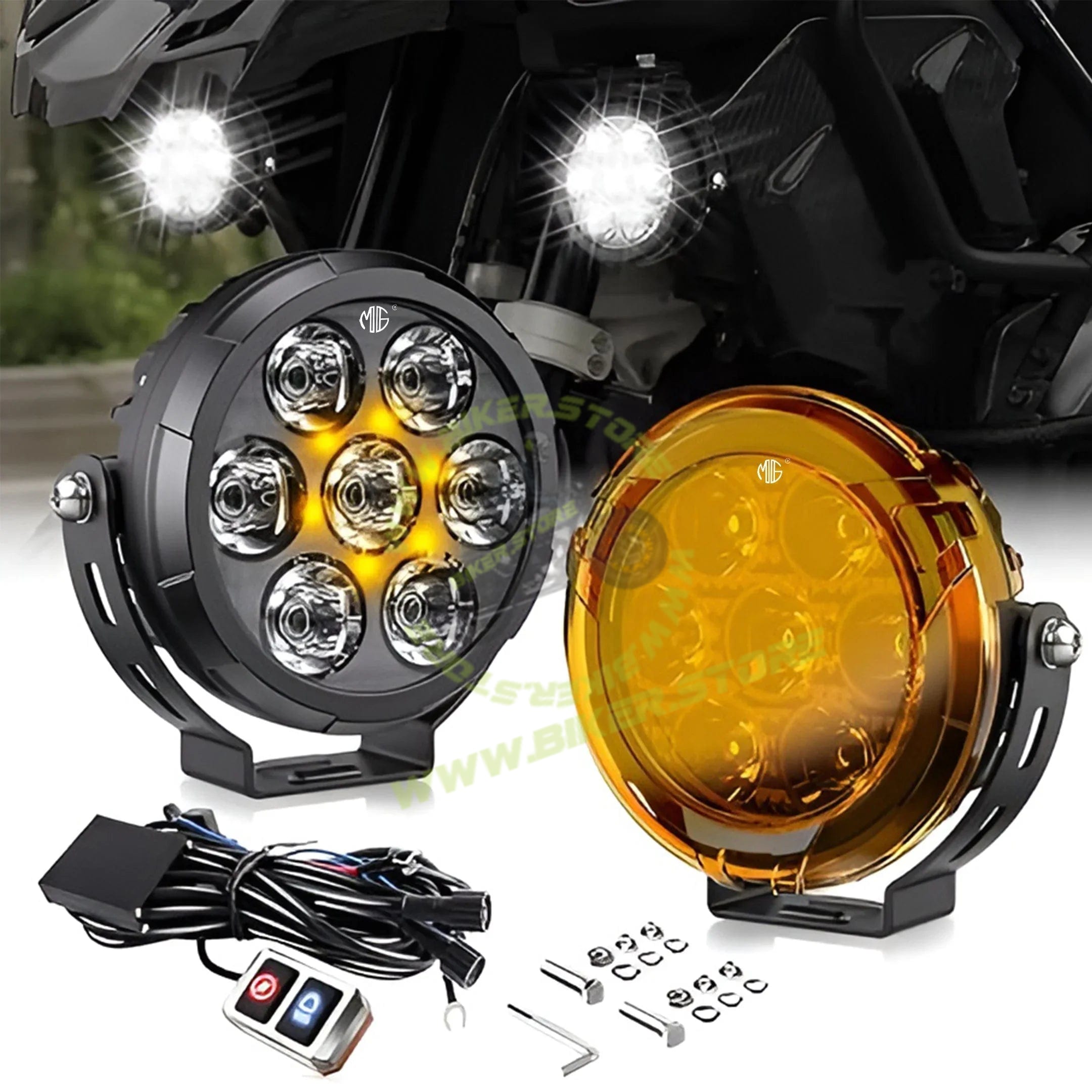 Moto Genius VK 70 Pro 90W piece, LED Auxiliary Fog Lights with DRL | Wiring Harness & Mounts Included | Yellow Covers | Ultra Bright Touring Lights (Pack of 2) - Biker.Store - www.biker.store
