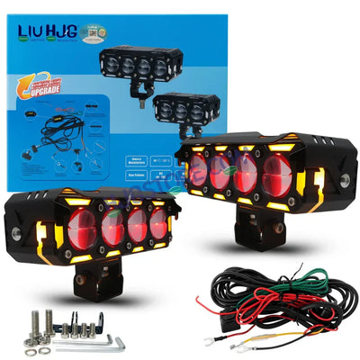 HJG New 300W Future Eyes Ring DRL 4 LED Projector Foglight with Wiring Harness Kit Red DRL/Amber Ring/White/Yellow Light 300W Foglight Ultra Wide Dual Intensity LED Driving Fog Lights Universal For All Cars & Bikes LIU HJG Ring 4 Lens Fog with Wiring Kit - Biker.Store - www.biker.store