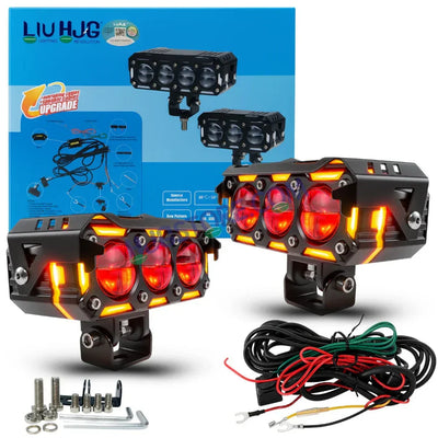HJG New 240W Future Eyes Ring DRL 3 LED Projector Foglight with Wiring Harness Kit Red DRL/Amber Ring/White/Yellow Light 240W Foglight Ultra Wide Dual Intensity LED Driving Fog Lights Universal For All Cars & Bikes LIU HJG Ring 3 Lens Fog with Wiring Kit - Biker.Store - www.biker.store